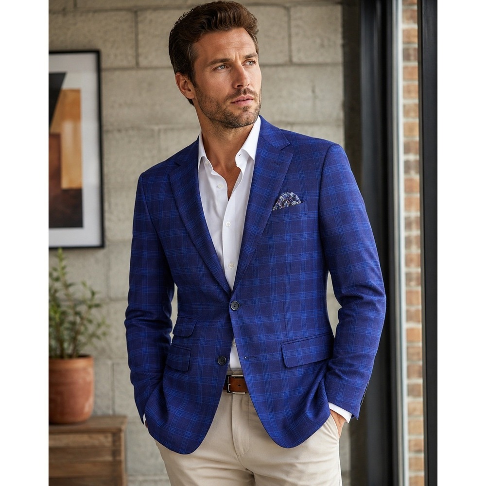 English Laundry Elegant Arrogant English Blue Plaid Blazer 36R E124 Sport Coat